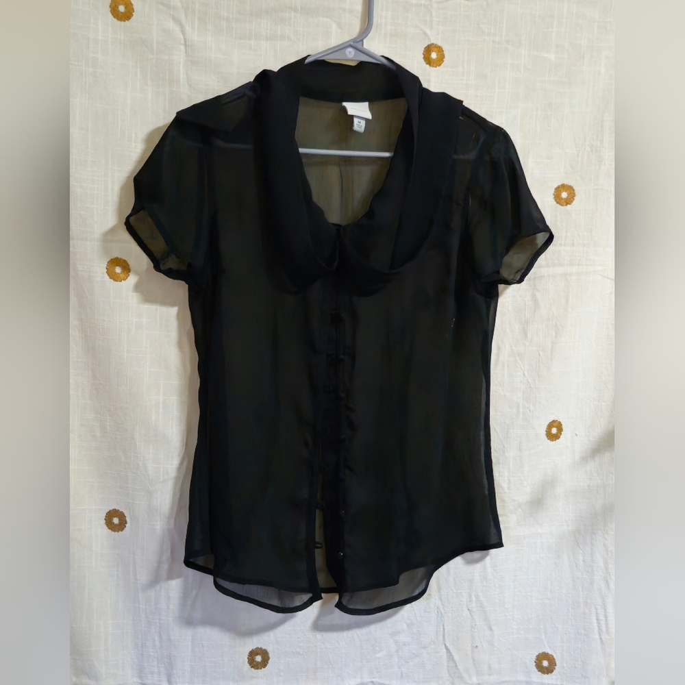 Women's Sheer Black Blouse with Ties - Size Medium
